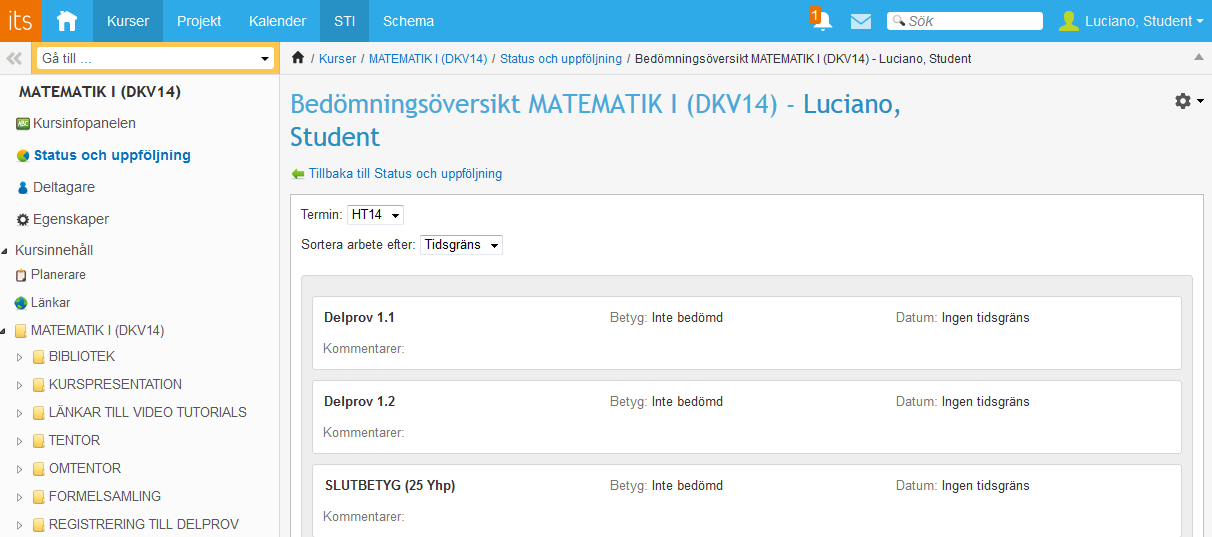 Funktioner Deltagare: Visar deltagarlista. Konstatera att du får mejla till dina klasskamrater via deltagarlista. Figur 3.- Bilder visar deltagarlista till kursen MATEMATIK (DKV14).