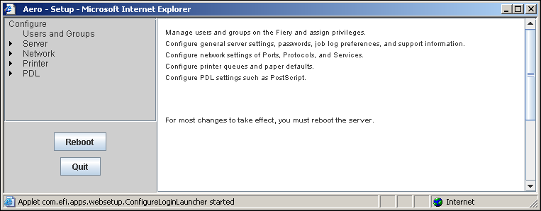 STÄLLA IN FIERY X3ETY2 FRÅN EN NÄTVERKSDATOR 59 3 Välj Setup (inställning) i menyn Server. Följande dialogruta visas, oavsett vilken fjärrinställningsmetod du använder.