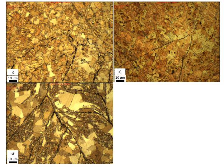 Figur 5.21: Mikrostruktur för de olika spånstorlekarna i CW614N för a) 0.2-0.3 mm, b) 0.3-0.5 mm, c) 0.