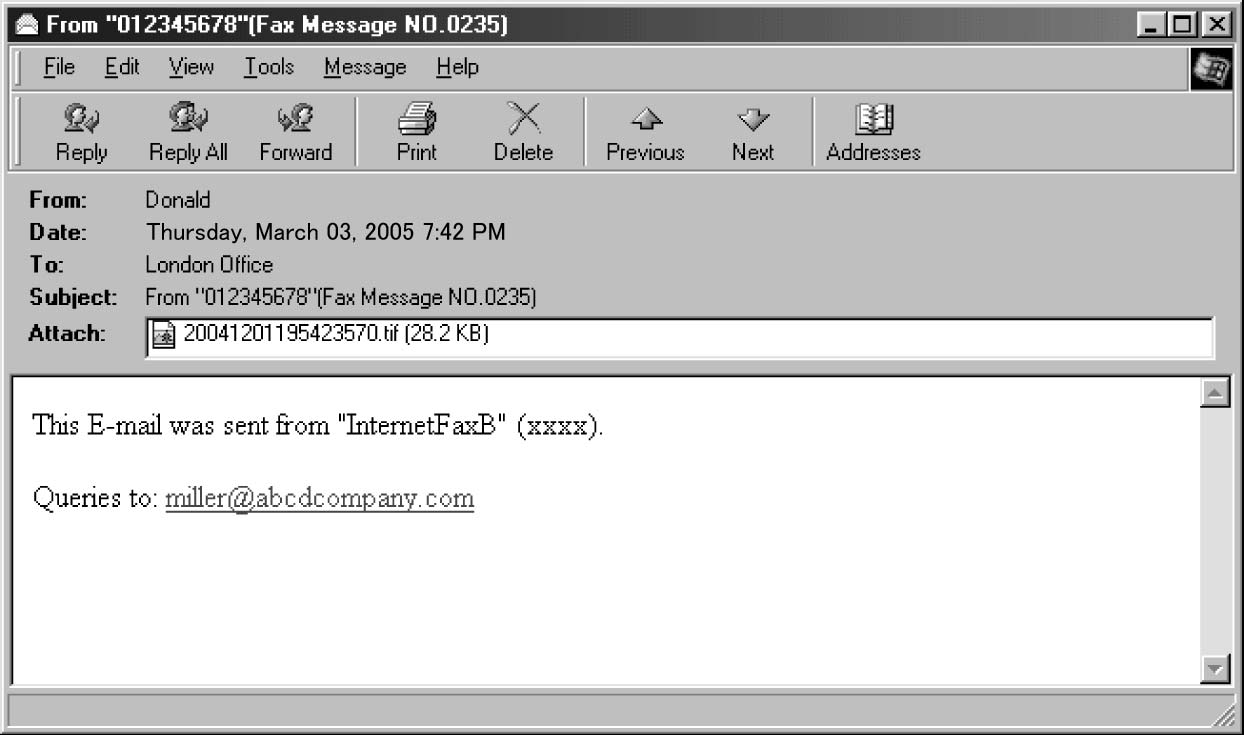 Använda Internet-faxfunktioner Mottagna bilder Här är ett exempel på ett Internet-faxdokument som skickats från denna maskin och tagits emot av en dator med e-postprogrammet Outlook Express.