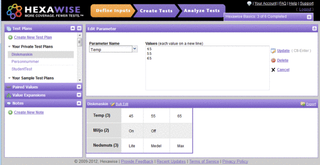 Personnummerkoll för användare Hexawise ID format Separator Only digits Input date Checksum User category Verktyg för att generera testfall för parvis täckning Vi identifierar följande