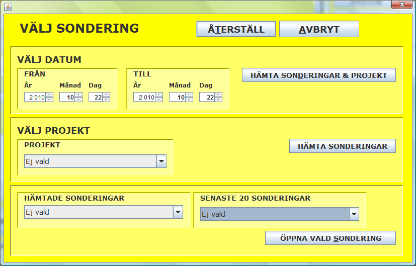 Öppna och titta på sparade sonderingar Tryck på DATA knappen för att ladda in data från en sparad sondering. Du får nu upp en dialog i vilken du kan välja en sondering på ett par olika sätt.