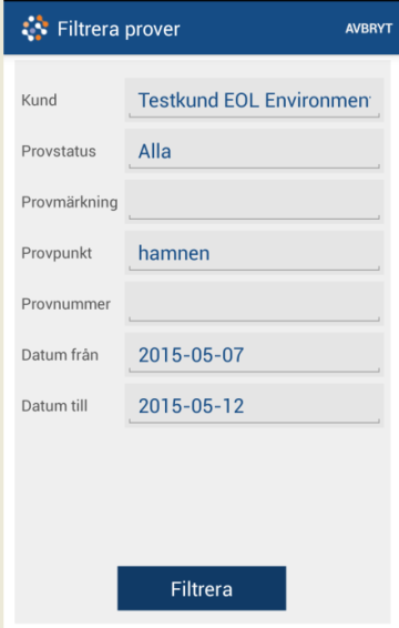 4. Söka prover 4.1 Söka fram prover gör man via fliken Provresultat. Det finns två möjligheter. Fritextfilter respektive avancerat filter med en kombination av flera sökkriterier. 4.2 Fritextfilter - Här kan du söka fritt på t ex provpunkt, provmärkning och djup.