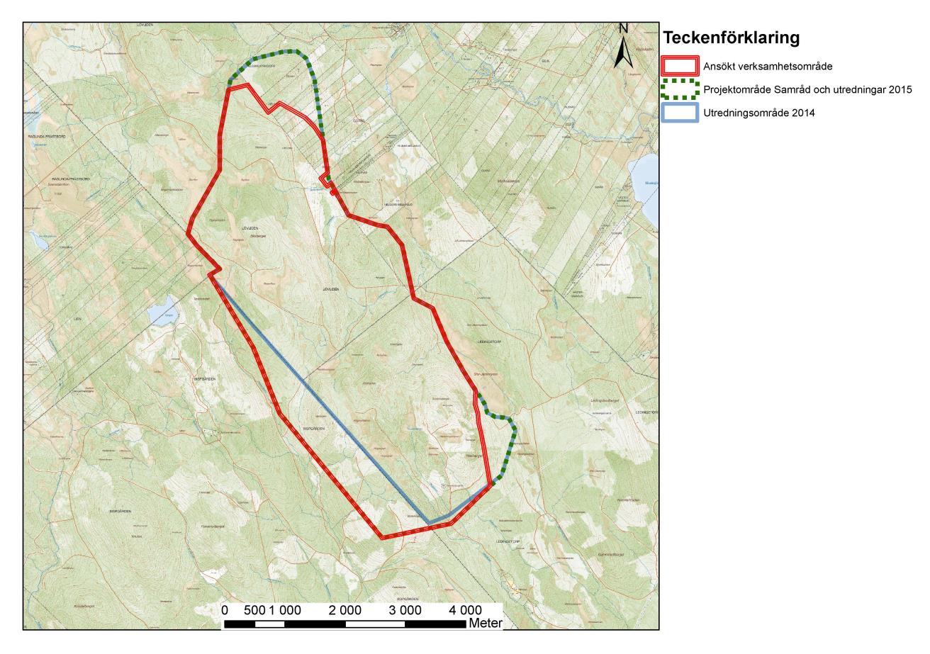 14 (84) - Verksamhetsområde, projektområde Projektområdet utgörs av ca 2000 ha (20km2) mark och ligger mellan ca 300-450 meter över havet.