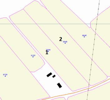 Figur 29. Block 1 och 2 är båda 1 ha. Körtiden är 6,4 timmar/ ha. Om fälten slås samman blir körtiden 4,6 timmar/ha. Block 9 och 10 är 1,4 respektive 1,0 ha. Körtiden för fälten är ca 6,3 timmar/ ha.