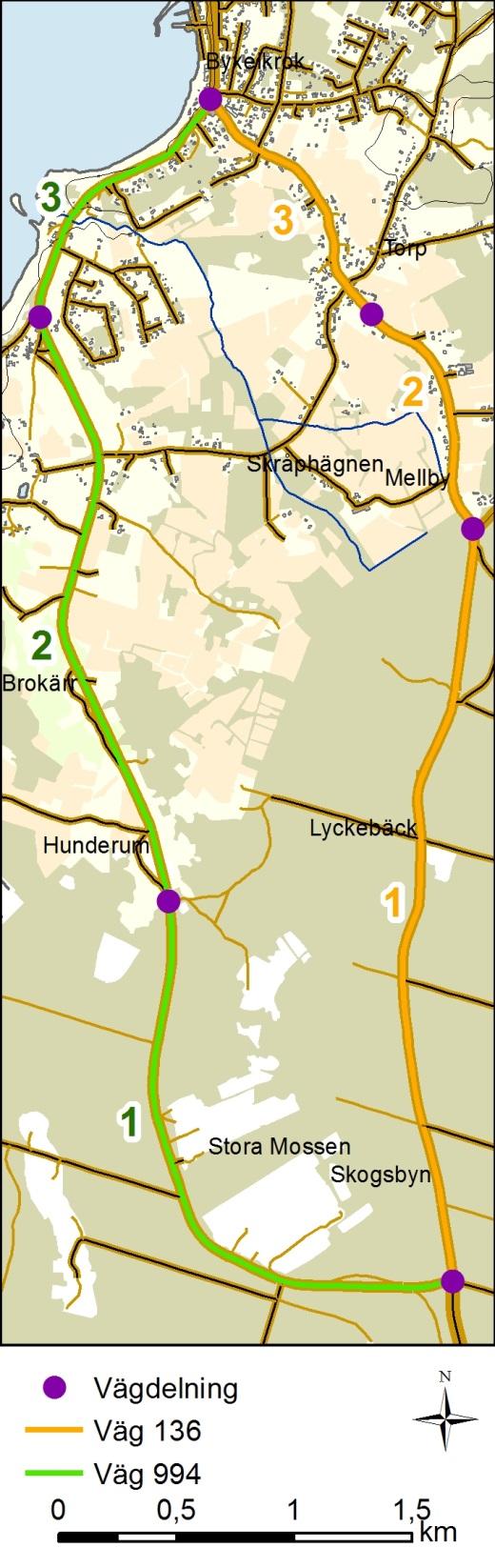 2.1 Trafik De vägar som studeras är väg 136 och 994. Avståndet mellan cirkulationsplatsen i Byxelkrok till cirkulationsplatsen vid Rosendal i syd är 5,6 km längs väg 136 och 6,5 km längs väg 994.