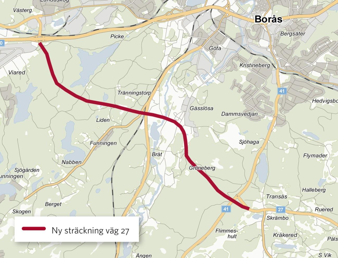 3.2 Planerat trafiksystem De åtgärder som är beslutade för trafiksystemet i nära anslutning till planområdet är omläggningen av väg 27 i ny sträckning mellan Kråkered Viared, se figuren nedan.