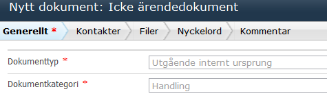 Processdata Först visas en meny där processdata ska anges. Fyll i de obligatoriska fälten: klassificeringskod, handlingstyp och riktning, dvs. utgående eller inkommande dokument. Tryck OK.