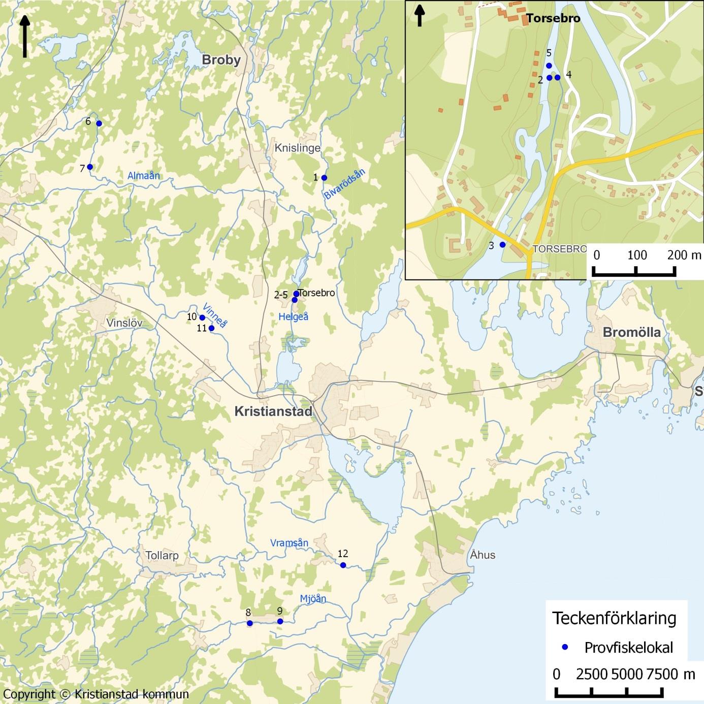 Figur 3. Kartan visar 2014 års provfiskelokaler med Torsebroområdet förstorat.