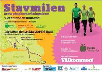 Lördag 21 maj kl 11.00 Stavmilen och picknick Kom med i rörelseglädjens tecken! Vi värmer upp med Zumba och får introduktion till bra stavgångsteknik.