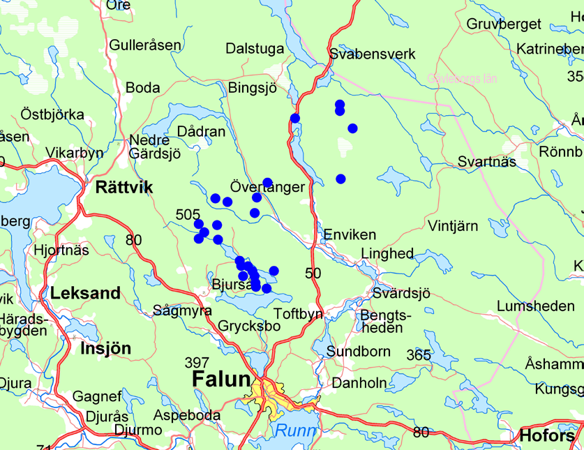 Figur 1. Översiktskarta över 29 objektivt fältinventerade bestånd (blå prickar). Tabell 1 och 2 nedan ger en övergripande beskrivning av bestånden i respektive delstudie.