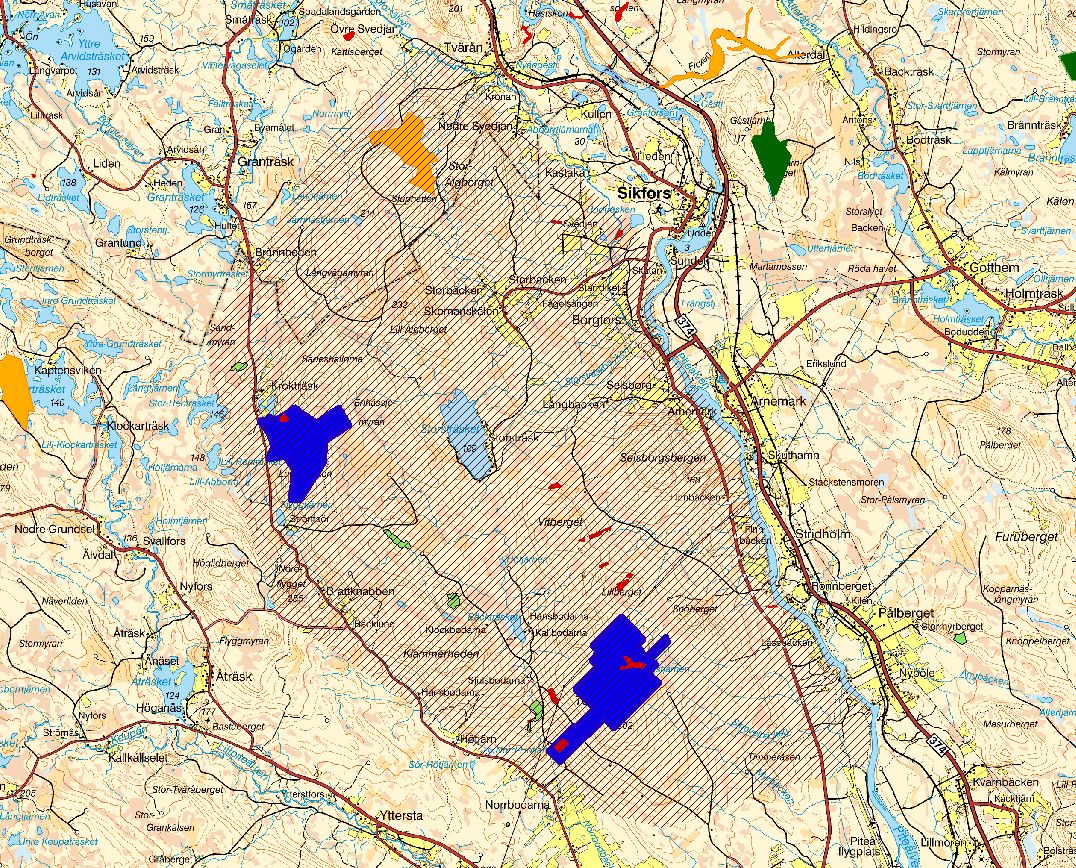 38 (104) I figuren nedan redovisas ett exempel på hur en värdetrakt kan se ut. Värdetrakten i exemplet omfattar ca 16 500 hektar och innehåller värdekärnor av olika storlek.