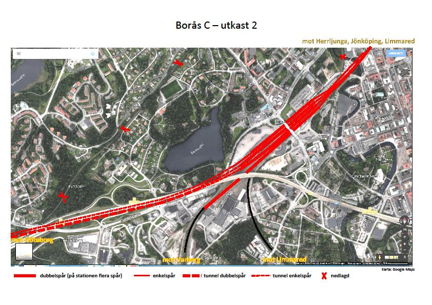 Förslag 1 - infart västerifrån under motorvägen HH-banan dras in från väster där den nuvarande banan finns.