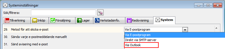 19 Metod för e-post Metod för att skicka e-post har kompletterats med ett nytt val - Via Outlook. Med detta val går det att skicka e-post direkt från användarens Outlook.