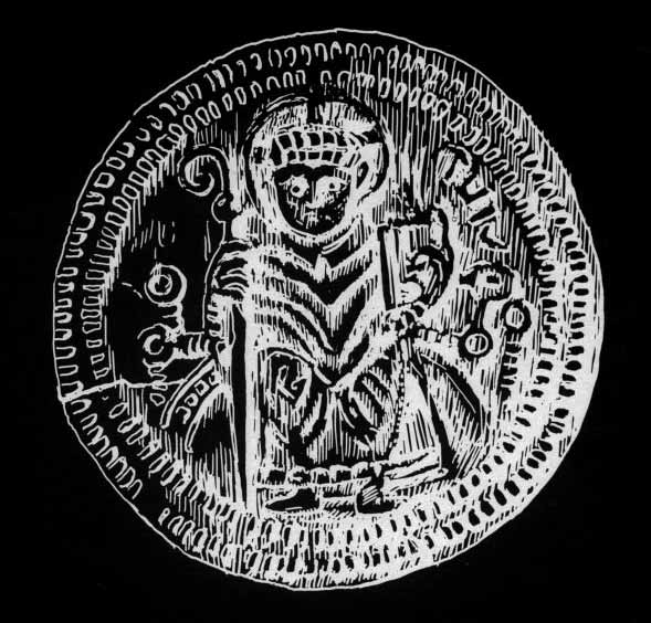 Debatt 309 Fig. 1. Kristus med korsgloria, avbildad som sittande biskop med kräkla på en romansk guldmedaljong påträffad i Trondheim. Motivet visar på kopplingen mellan biskopen och Kristus.