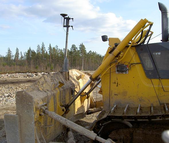 Positionering och maskinstyrningssystem Positioneras bandschaktaren i plan med hjälp av totalstation monteras en reflektor, vanligtvis ett prisma, på en mast på maskinens blad.