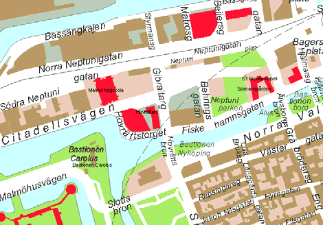 PLANDATA Planområdet ligger öster om Nya Hovrätten mellan Citadellsvägen och Hovrättstorget vid Västra Hamnkanalen längs Gibraltargatan.