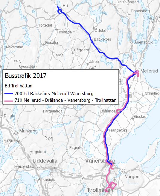 12 Figur 2-3 Nuvarande busslinjer som behandlats i stråket Trollhättan-Halden. Färgerna särskiljer endast linjerna åt och har ingen övrig betydelse för potentialen att reducera.