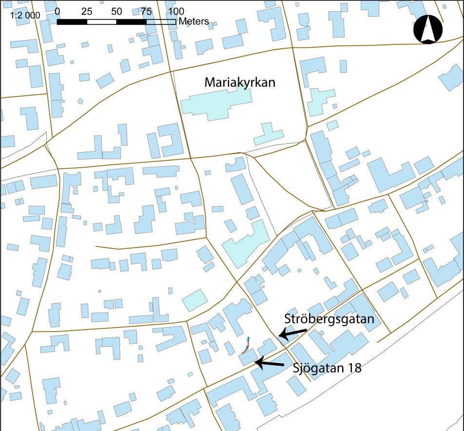 Figur 3. Schaktets läge på baksidan av fastigheten Sjögatan 18. dominikanerkloster och spetälskehospital.