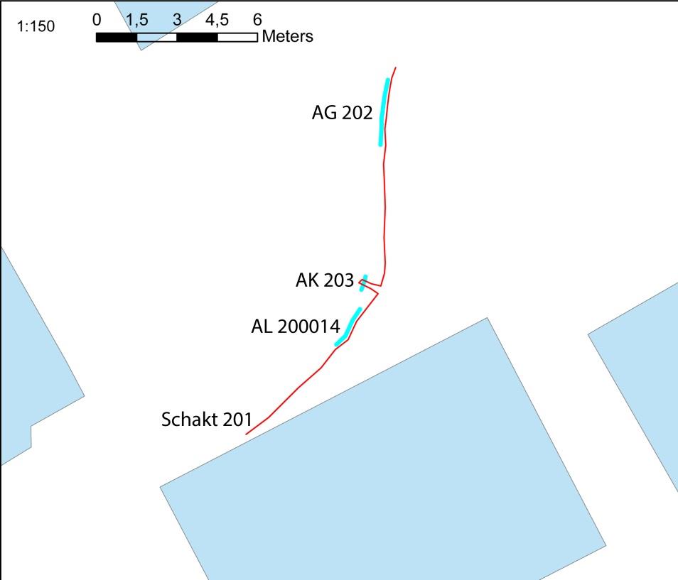 Figur 4. Resultat av undersökningen, inmätta anläggningar och schakt.