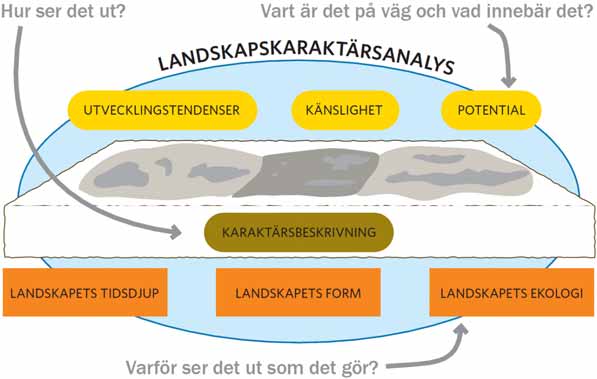 Nedanstående bild sammanfattar mycket kortfattat analysens uppbyggnad. Hur uppfattas landskapet idag? Vad sker i landskapet, och vad innebär det? Varför ser landskapet ut och fungerar som det gör?