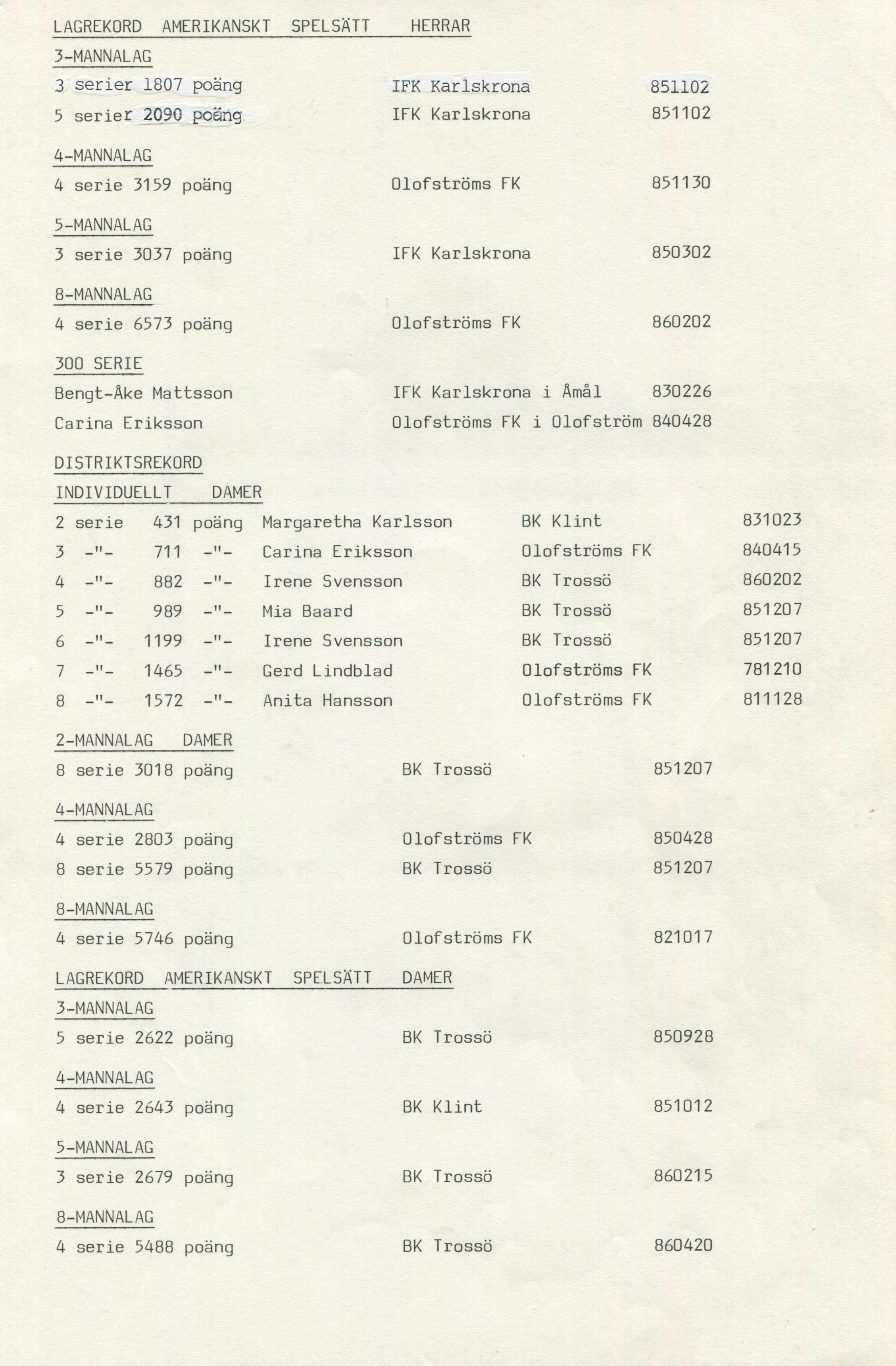 LAGREKORD AMERIKANSKT SPELSÄTT 3-MANNALAG 3 serier 1807 poäng 5 serier 2090 poäng 4-MANNALAG 4 serie 3159 poäng 5-MANNALAG 3 serie 3037 poäng 8-MANNALAG 4 serie 6573 poäng HERRAR 851102 851102 851130