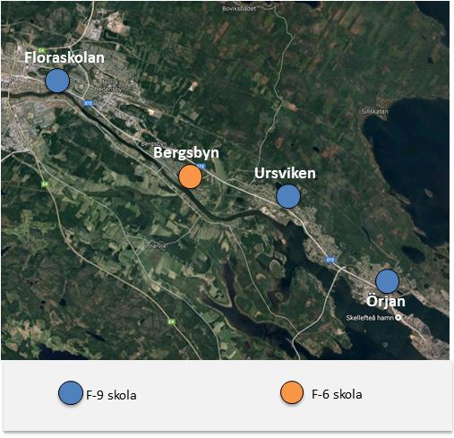 6 Alternativ 2 6.1 Beskrivning av alternativ 2 Alternativet innebär att området har tre upptagningsområden och totalt fyra grundskolor.