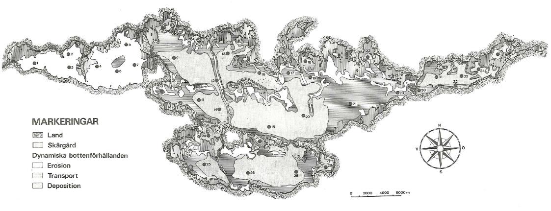 gjorts av sediment från Hemfjärden (Boström, 1988; Hjvvf, 1991) visar på kompakta sediment med låg vattenhalt, låg organisk halt och låga fosforhalter, typiskt för äldre glaciala och postglaciala