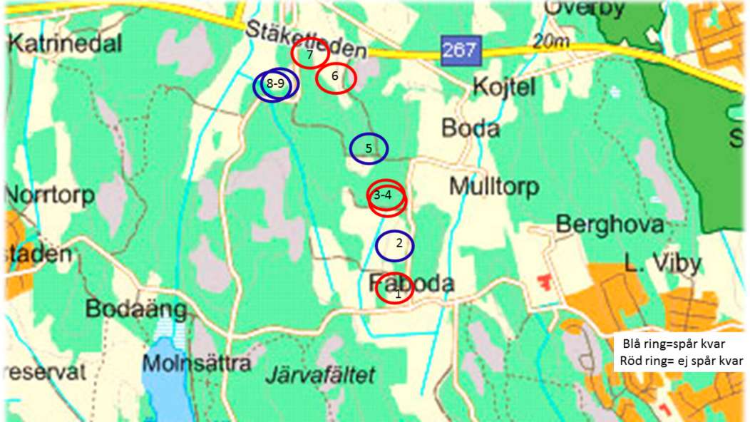 Nu har vi första delen av ritten ganska klar för oss. Dom röda ringarna markerar platsen för hinder där det inte finns några spår kvar och dom blå visar då där vi hittar spår.