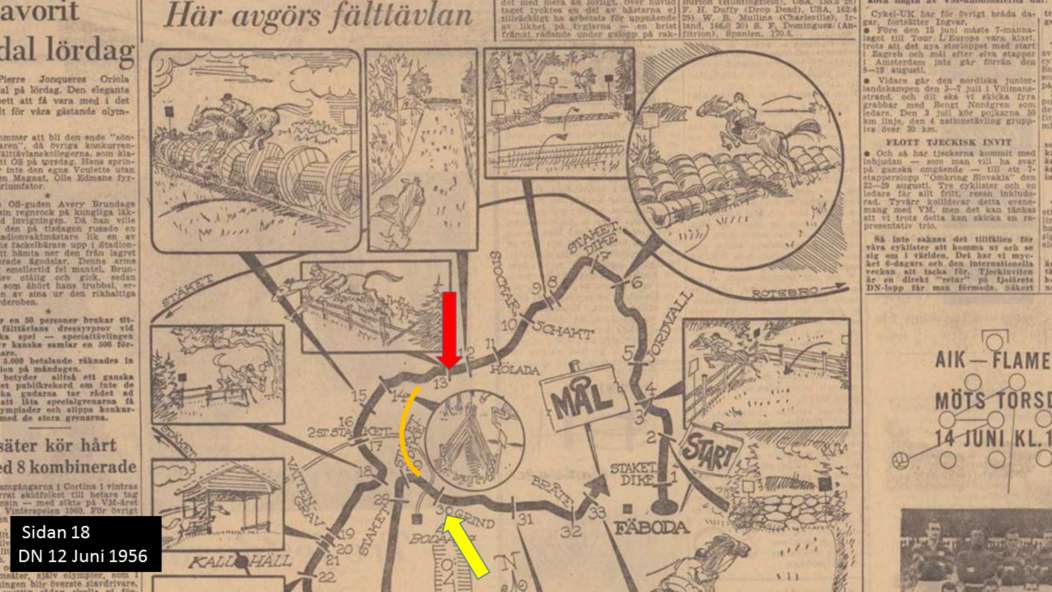 I min personliga version av visningsvarv som inte riktigt stämmer med kommunens så vek av från banans sträckning efter röda pilen vid hinder 13 och går sedan på stenvägen märkt orange ner till Boda