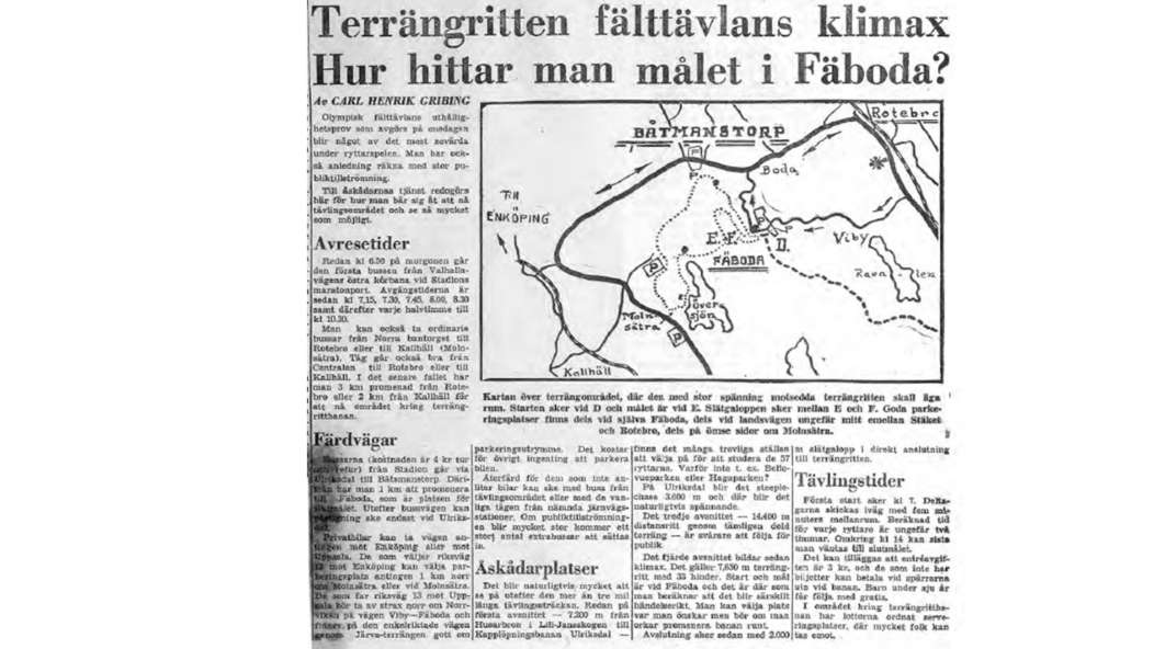 Information om eventet i dagstidningarna: Olympisk fälttävlans uthållighetsprov som avgörs på onsdagen blir något av det mest sevärda under ryttarspelen.