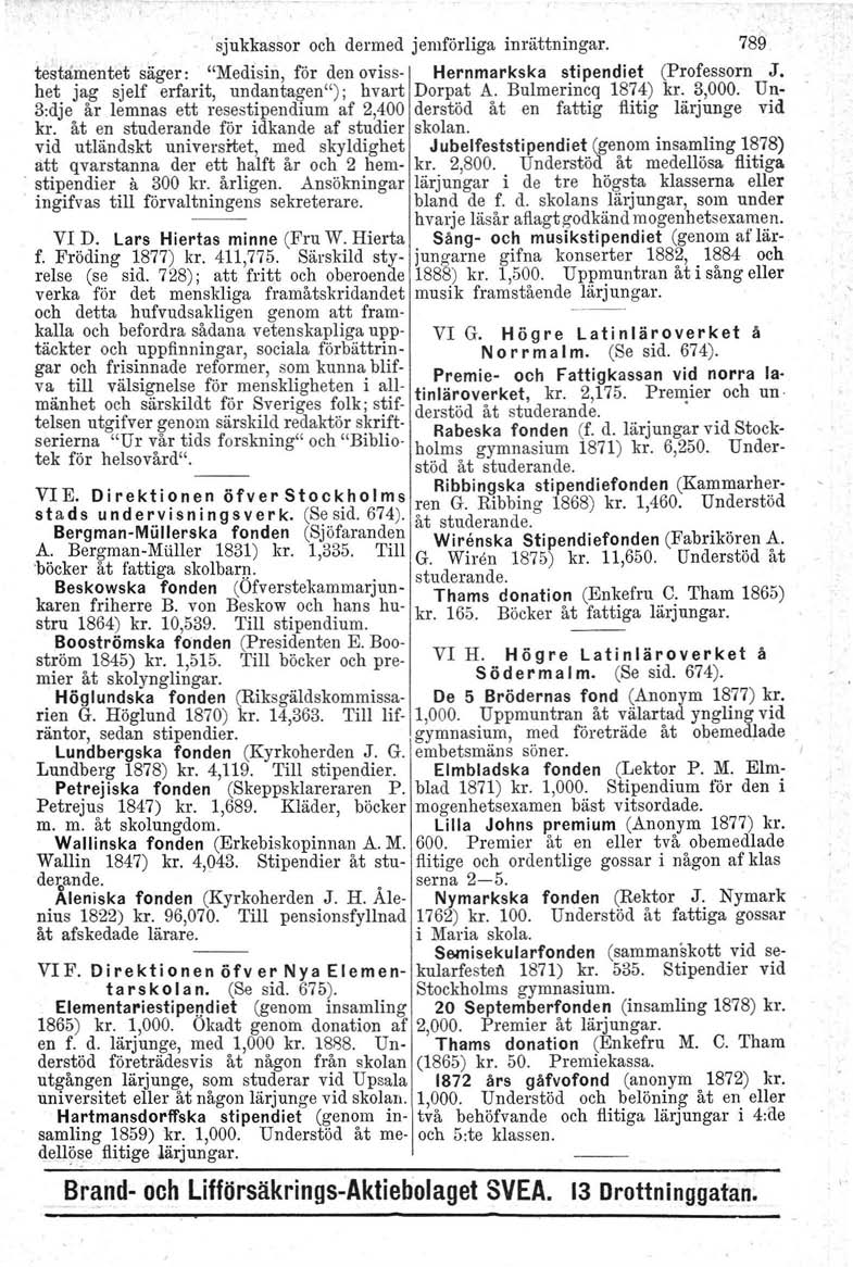 'sjukkassor och dermed jemförliga inrättningar. 789 testamentet säger: "Medisin, för den oviss- Hernmarkska stipendiet (Professorn J. het jag sjelf erfarit, undantagen"); hvart Dorpat A.