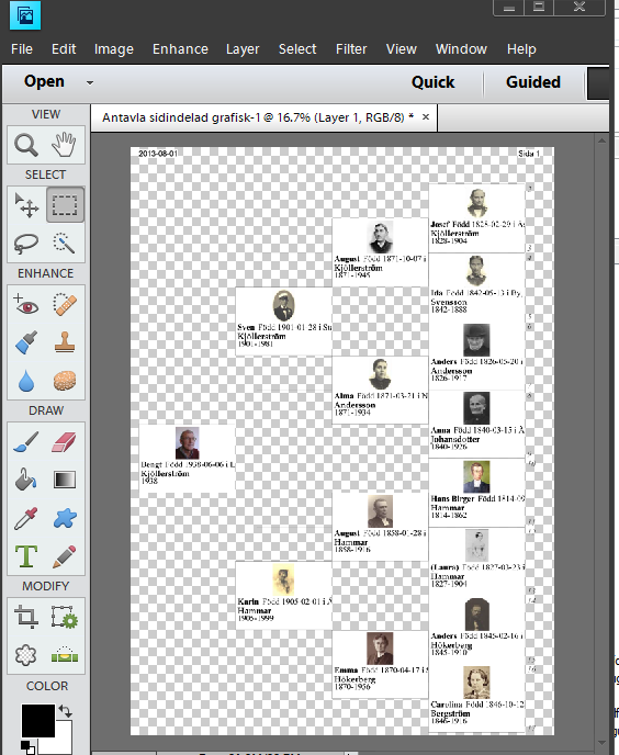 Photoshop Elements läser en pdf-fil Läser in pdf och spara sedan som jpg. Tavlan blir en bild som kan läggas in i en släktbok i tex Word.