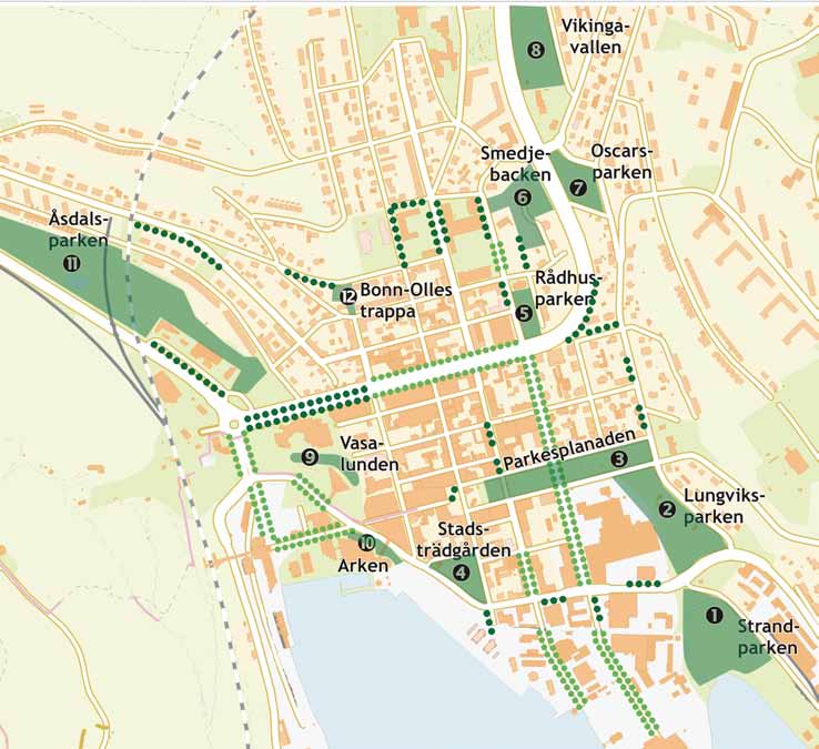 N 6 Smedjebacken: park med öppna gräsytor, täta buskage, trädplanteringar och gångväg. Utmärkt i ÖP som utvecklingsområde för bostäder.