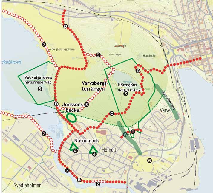 3 Utred rasriskerna längs Moälvens branter, se över vegetativa stabiliseringsmöjligheter. 4 Utveckla naturmarksområdena i bebyggelsen. 5 Utveckla tillgängligheten och sammanbind naturreservaten.