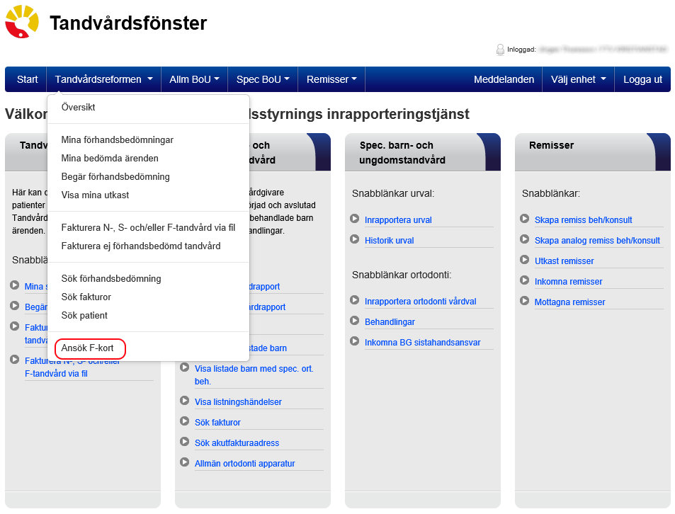 6 (9) 3 Ansöka F-kort När du loggat in