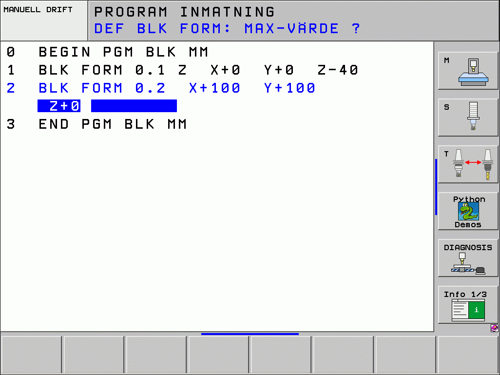 Grunder Öppna ett nytt bearbetningsprogram Välj den katalog som programmet skall lagras i Ange det nya programmets namn, bekräfta med knappen ENT Välj måttenhet: Tryck på softkey MM eller INCH.