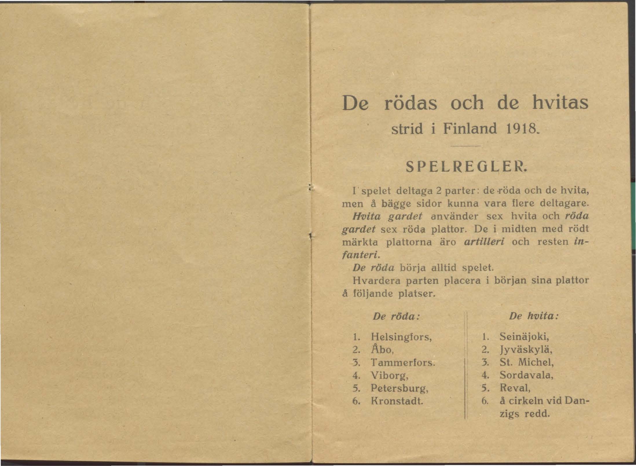 De rädas och de hvitas strid i Finland 1918. SPELREGLER. spelet deltaga 2 parter: de -röda och de hvita, men å bägge sidor kunna vara flere deltagare.