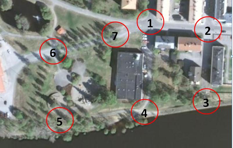 Arbetet påbörjades i korsningen Södra lasarettsvägen/strandgatan och genomfördes moturs/ åt väster om vattenverket och ner mot älven. Skanningarna genomfördes i nummerordning enligt Figur 1 ovan.