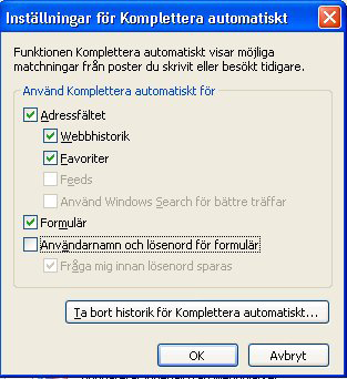 INTERNET EXPLORER Se till att Användarnamn och lösenord för forumulär inte är förbockat.