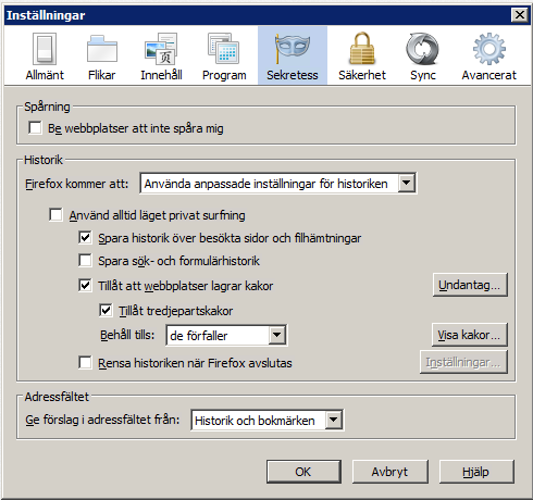 MOZILLA FIREFOX Klicka på fliken Innehåll Markera Aktivera JavaScript Klicka på fliken Sekretess Under Historikt, välj Använda anpassade inställningar för historiken i