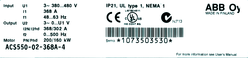 32 ACS550-02/U2 Användarhandledning Frekvensomriktarens märkning Etiketter på frekvensomriktaren För att fastställa frekvensomriktarens typ före installation, se antingen: serienummeretiketten