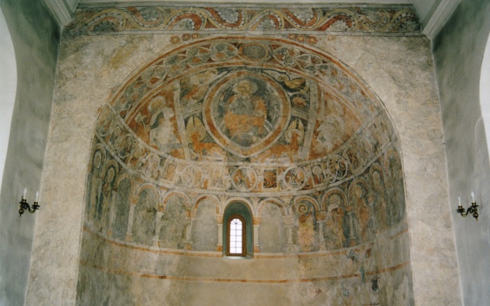 2003 Valleberga kyrka Konservering av romanska målningsfragment 1100 1200 tal i absid. Fragmenten upptäckta i samband med konservering av sengotiska målningar.