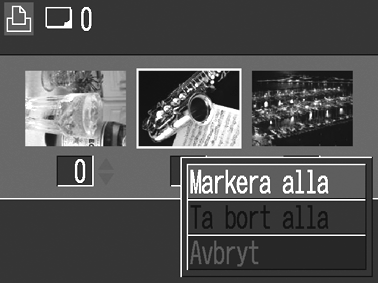 5 6 Välj [Markera alla] med hjälp av knapparna och och tryck sedan på knappen SET. Varje bild skrivs ut i ett exemplar.