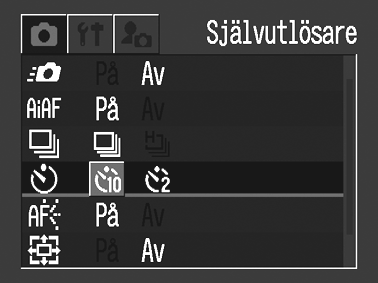 Ändra nedräkningstiden för självutlösaren 1 Välj på menyn (Lagring). Se Välja menyer och inställningar (s. 43). 2 Välj eller med hjälp av knapparna och och tryck sedan på MENU.