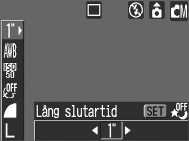 Fotografera i läget för lång slutartid Du kan ange en lång inställning för slutartid om du vill att mörkare motiv ska se ljusare ut. 1 Välj på menyn (Lagring). Se Välja menyer och inställningar (s.