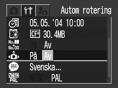 Ställa in funktionen för automatisk rotering Kameran är utrustad med en intelligent orienteringssensor som identifierar orienteringen för en bild som tas med kameran vertikalt och automatiskt roterar