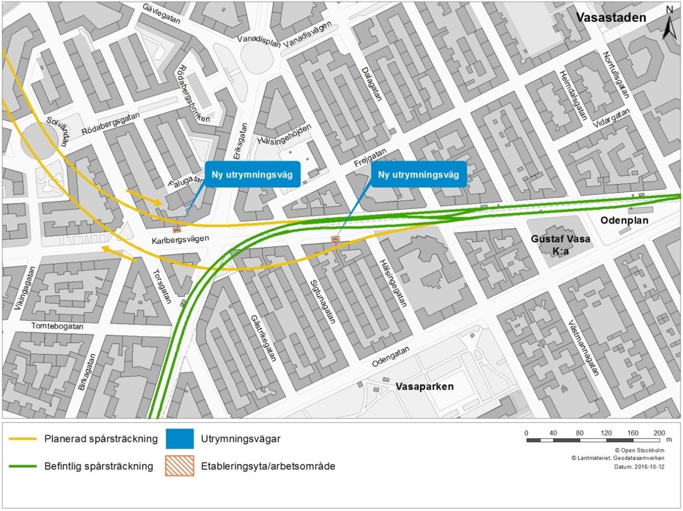 3.1.1 Stationer Väster om Odenplan kommer Gul linje att ansluta till befintlig Grön linje, se Figur 7. Gul linje kommer således att trafikera befintlig station Odenplan för Grön linje.