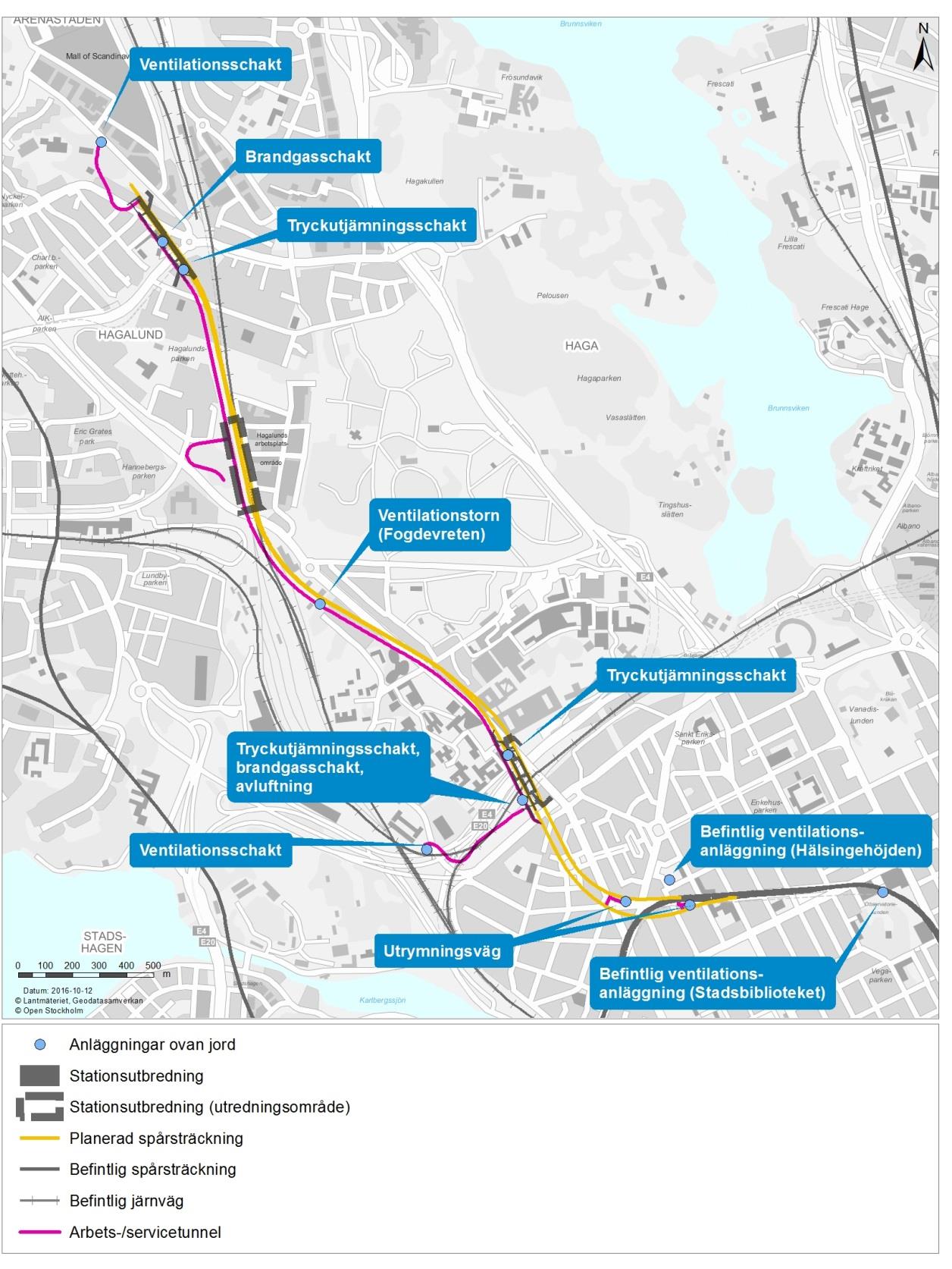 Figur 12. Planerade lokaliseringar av ovanmarksanläggningar. 3.1.3 Tryckutjämning och ventilation Två tryckutjämningsschakt kommer att finnas för varje station, se Figur 12.