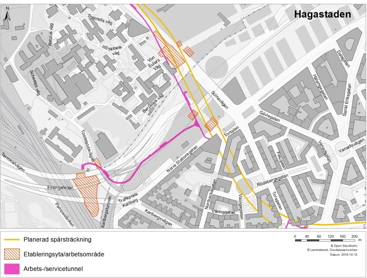 Figur 13. Mark i Vasastaden som tas i anspråk under byggskedet som arbetsområden och etableringsytor.